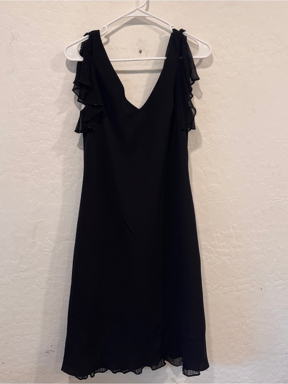 Y2K Jones New York Black Flutter Sleeve Dress Womens 10 Beaded Lettuce Hem Fairy